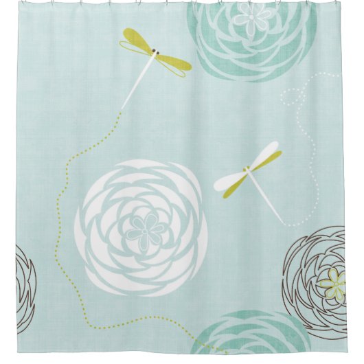 Rideaux De Douche Ranunculus floral moderne avec libellules Aqua Blu (Devant)