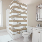 Rideaux de douche rayés kaki beige personnalisé (En situation)