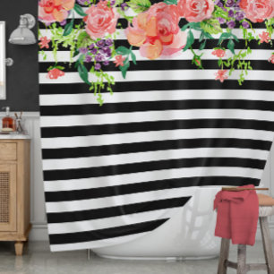 Rideaux De Douche Rayure florale noire et blanche d'art d'aquarelle