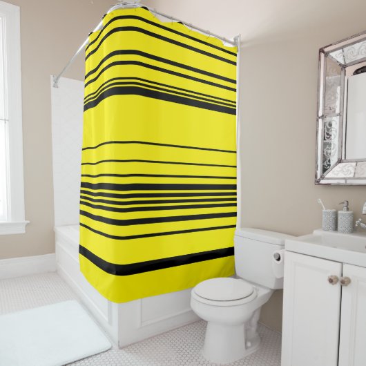 Rideaux De Douche Rayures complexes en noir et jaune (En situation)