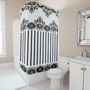 Rideaux De Douche 'Rayures et dentelle de White_Black d'avant de