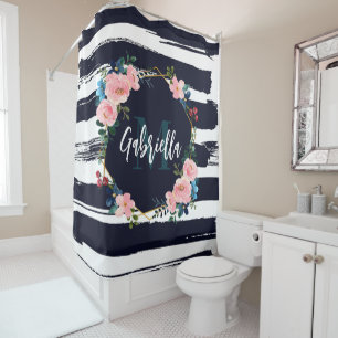 Rideaux De Douche Rayures Et Monogramme De Cadre Floral