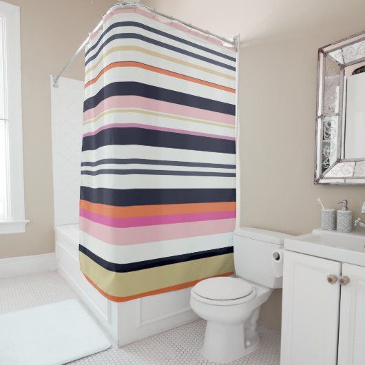 Rideaux De Douche Rayures orange, bleues et roses (En situation)