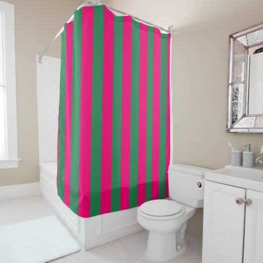 Rideaux De Douche Rayures roses et vertes (En situation)