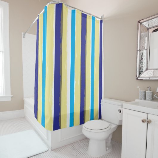 Rideaux De Douche Rayures verticales d'été bleu blanc jaune (En situation)