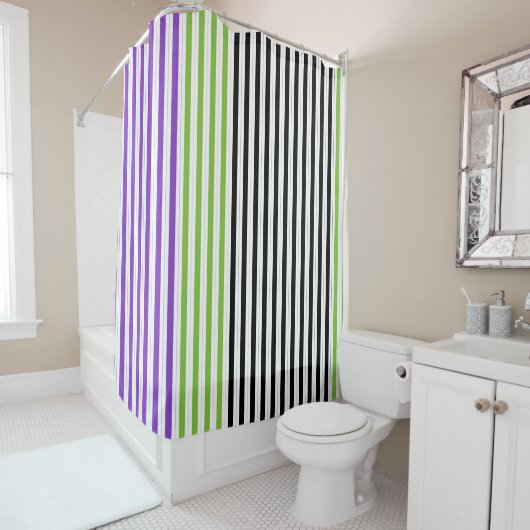 Rideaux De Douche Rayures Violet Vert Noir (En situation)