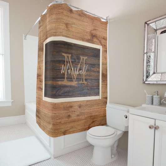 Rideaux De Douche Rectangle de monogramme en bois clair rustique (En situation)