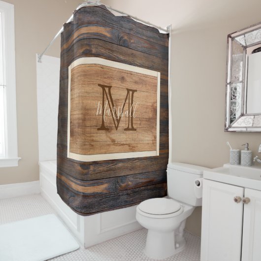 Rideaux De Douche Rectangle de monogramme en bois rustique (En situation)