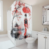 Rideaux De Douche Red and Black Floral Geisha | (En situation)