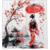 Rideaux De Douche Red and Black Floral Geisha | (Devant)