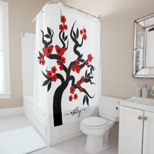 Rideaux De Douche Red Black Love birds sakura cherry tree & blossoms