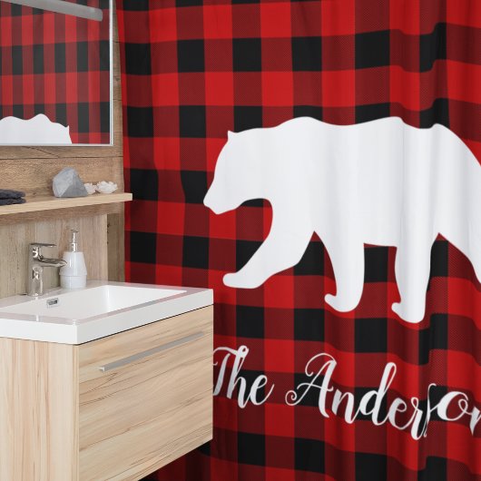 Rideaux De Douche Red Buffalo Plaid & Bear | Nom personnel Cadeau