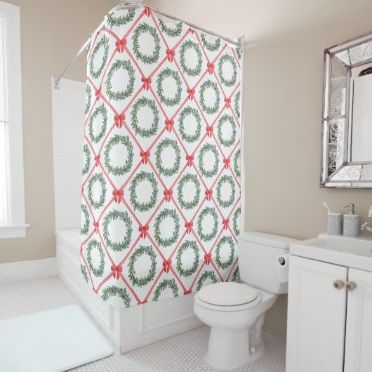 Rideaux De Douche Red Christmas Bow Boxwood Wreath Shower Curtain (En situation)