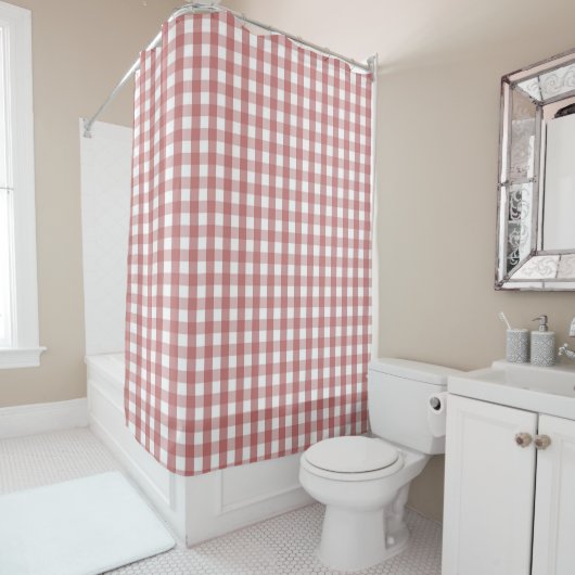 Rideaux De Douche Red Pastel Gingham Pattern Modern Farmhouse (En situation)