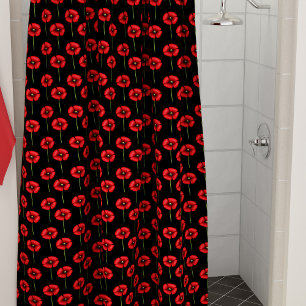 Rideaux De Douche Red Poppy Pattern on Black Shower Curtain