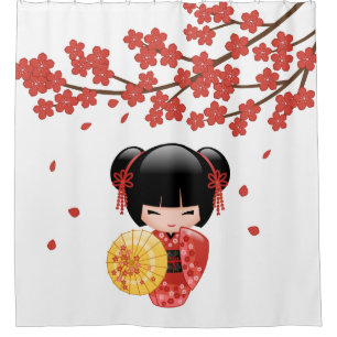 Rideaux De Douche Red Sakura Kokeshi Doll Cute Geisha Girl