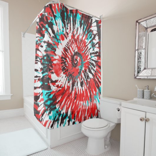 Rideaux De Douche Red Teal Black White et Grey Tie Dye (En situation)