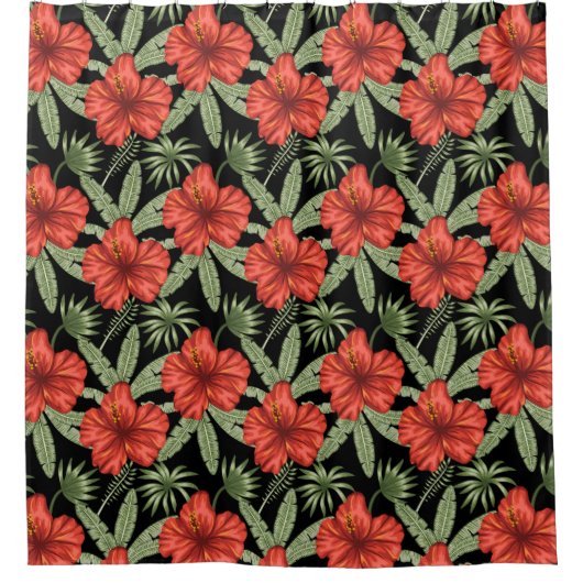 Rideaux De Douche Red tropical flowers seamless pattern green leaves (Devant)