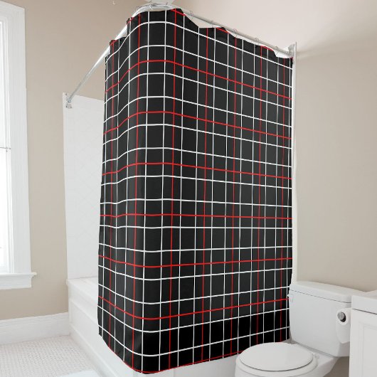 Rideaux De Douche Red White Graphical Lines Black Plaid Design