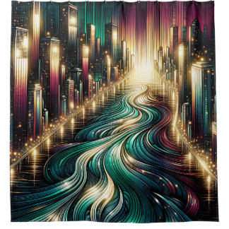 Rideaux De Douche "Réflexions Turquoises : Paysage urbain vibrant à