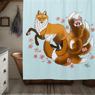 Rideaux De Douche Renard Kitsune Fantaisiste Fleurs de Cerisier Bleu