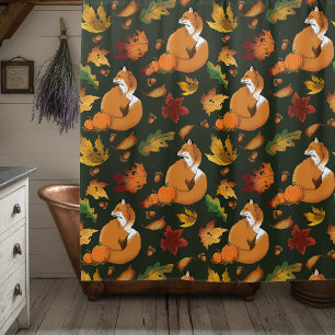 Rideaux De Douche Renard roux Feuilles d'automne Glands Motif vert