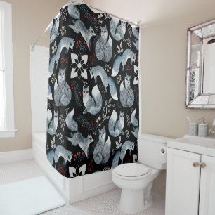 Rideaux De Douche Renards bleus stylisés avec des motifs floraux com