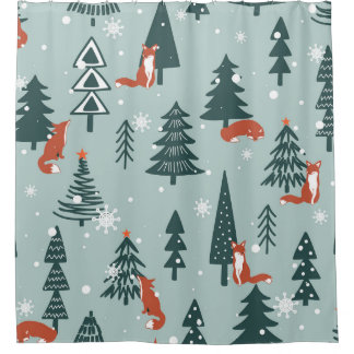 Rideaux De Douche Renards, sapins, hiver, motif coloré