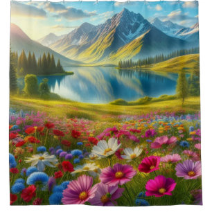 Rideaux De Douche Ressort coloré/lac de montagne fleuri