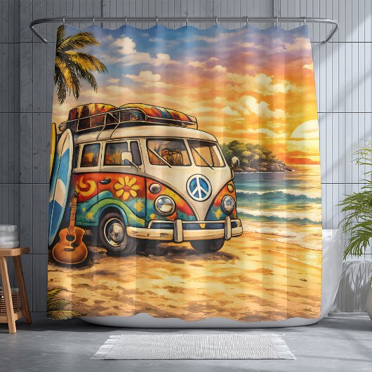 Rideaux De Douche Retro 60s Hippie Beach Bus Sunset | Surf Van Life