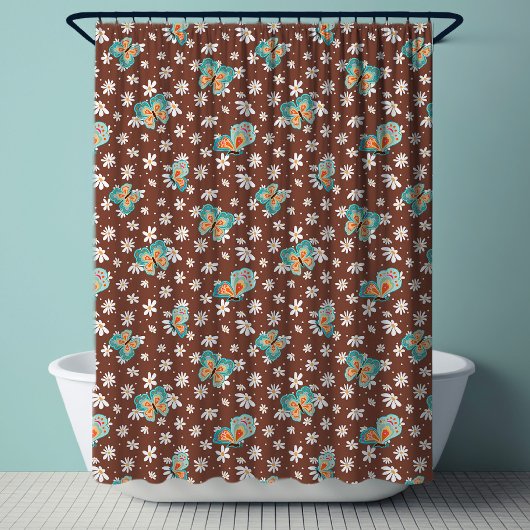 Rideaux De Douche RETRO 70s Mod Daisy Floral Hippy Butterfly Brown