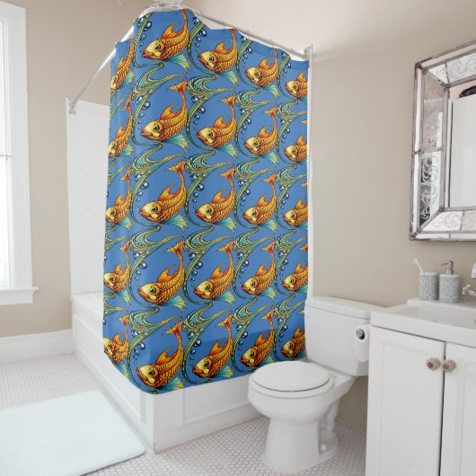 Rideaux De Douche Retro Art Nouveau Koi Fish Pattern (En situation)