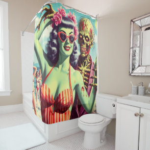Rideaux De Douche Retro Beach Zombie Pin Up