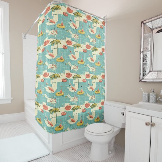 Rideaux De Douche Retro Flamingo Poolside Summer Pattern (4) (En situation)
