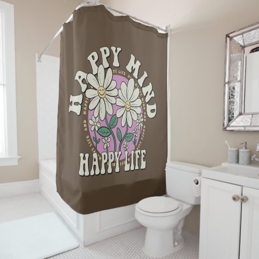 Rideaux De Douche Retro Happy Mind Happy Life (En situation)