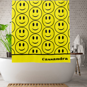 Rideaux De Douche Retro Jaune Joyeux Visage souriant