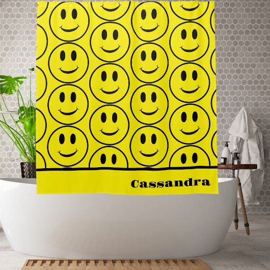 Rideaux De Douche Retro Jaune Joyeux Visage souriant