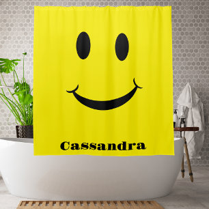 Rideaux De Douche Retro Jaune Joyeux Visage souriant