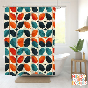 Rideaux De Douche Retro Mid-Century Moderne Turquoise Orange Abstrai