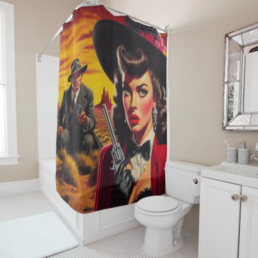 Rideaux De Douche Retro Pulp Western Girl (En situation)