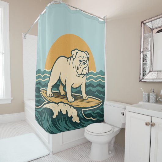 Rideaux De Douche Retro Surfer Bulldog - Blue Coastal Surfing Dog (En situation)