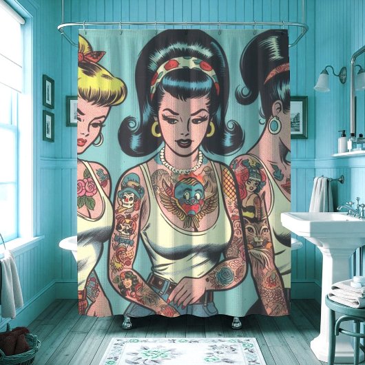 Rideaux De Douche Retro Tattoo Girls Comics