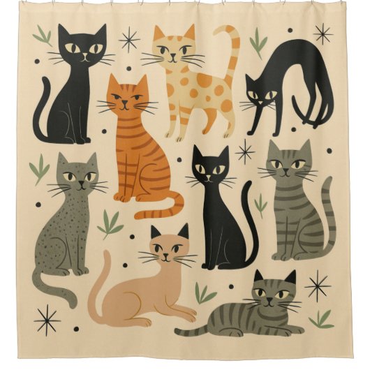 Rideaux De Douche Retro Vintage 1950s Cat Pattern (Devant)