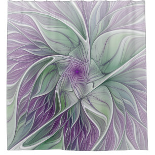 Rideaux De Douche Rêve de fleurs, Abstrait violet vert Fractal Art