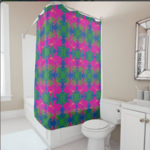 Rideaux De Douche Rêves de forêt tropicale Hibiscus Vert Bleu Rose C