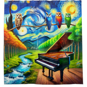 Rideaux De Douche Rêves de piano aux hiboux surréalistes