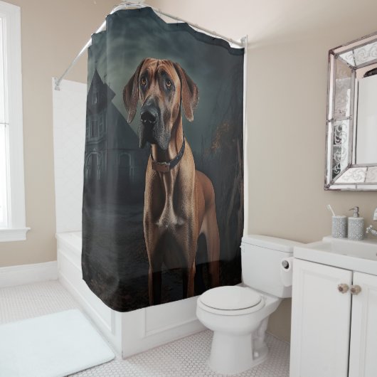 Rideaux De Douche Rhodesian Ridgeback Halloween effrayant (En situation)