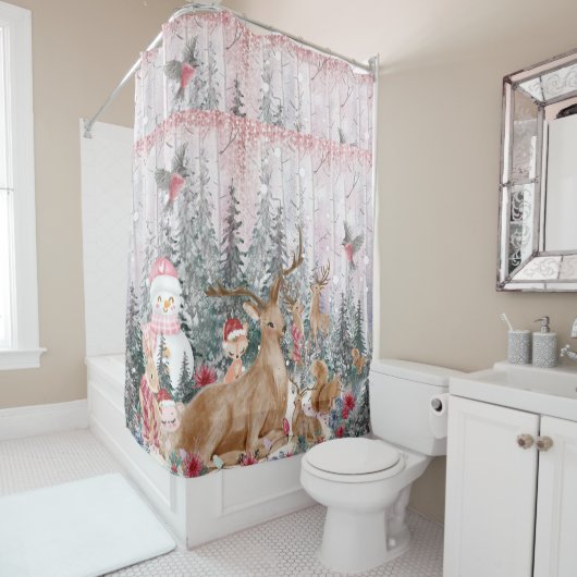 Rideaux De Douche Rinder d'aquarelle rose, Snowman Joyeux Noël (En situation)