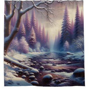 Rideaux De Douche "Rivière neige dans la forêt d'hiver de Lavender"