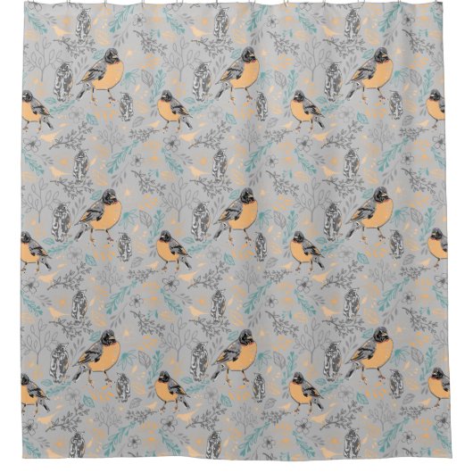 Rideaux De Douche Robin Bird Mama et bébé Été Brood Avec Fleurs (Devant)